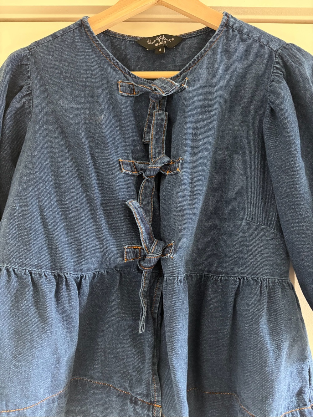 Denim Tie-Front Peplum top in Deep Blue - Picture 2 of 4